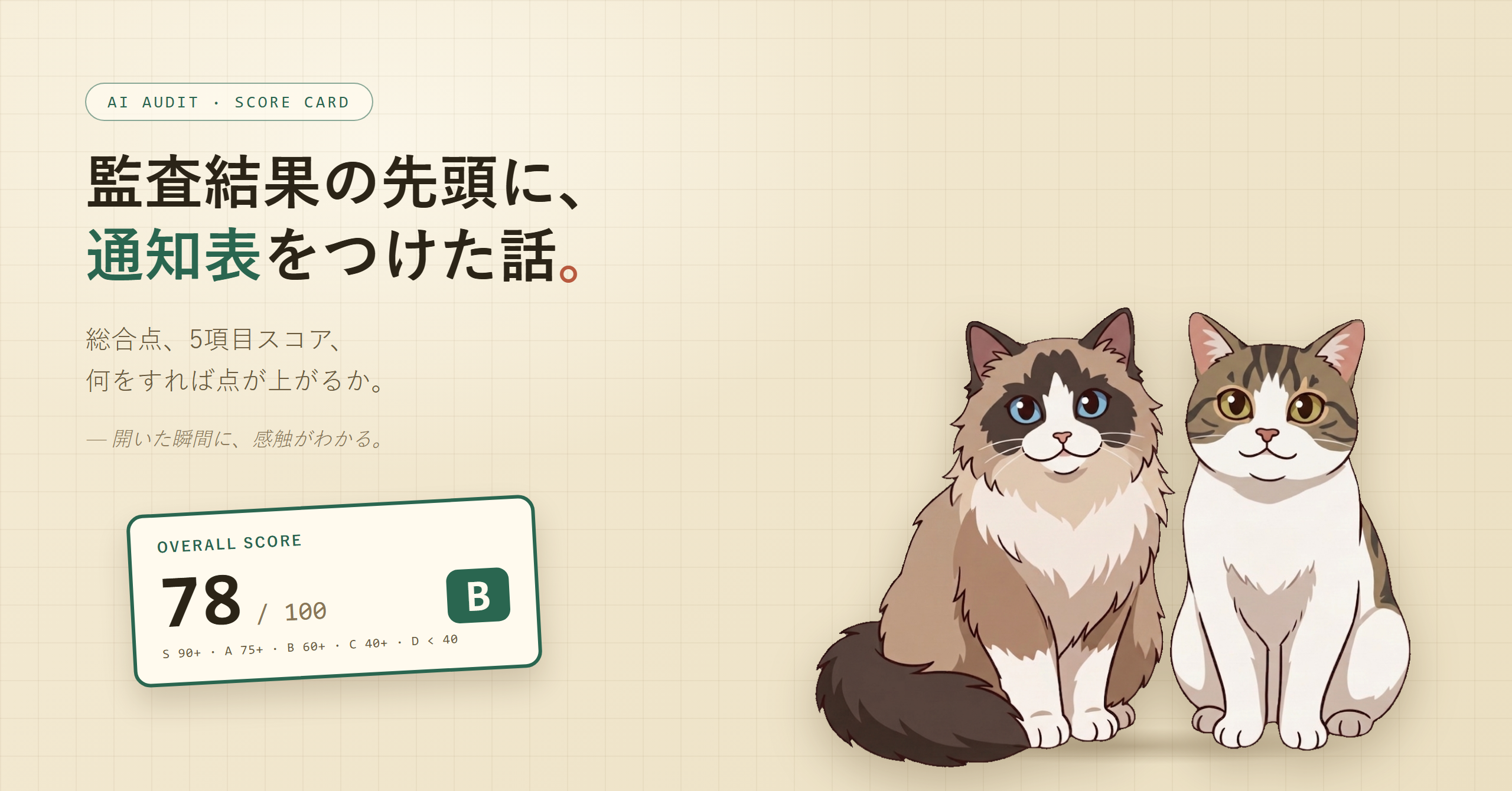 監査レポートの先頭に置いた「総合78点・B評価」の通知表ヘッダーのイメージ