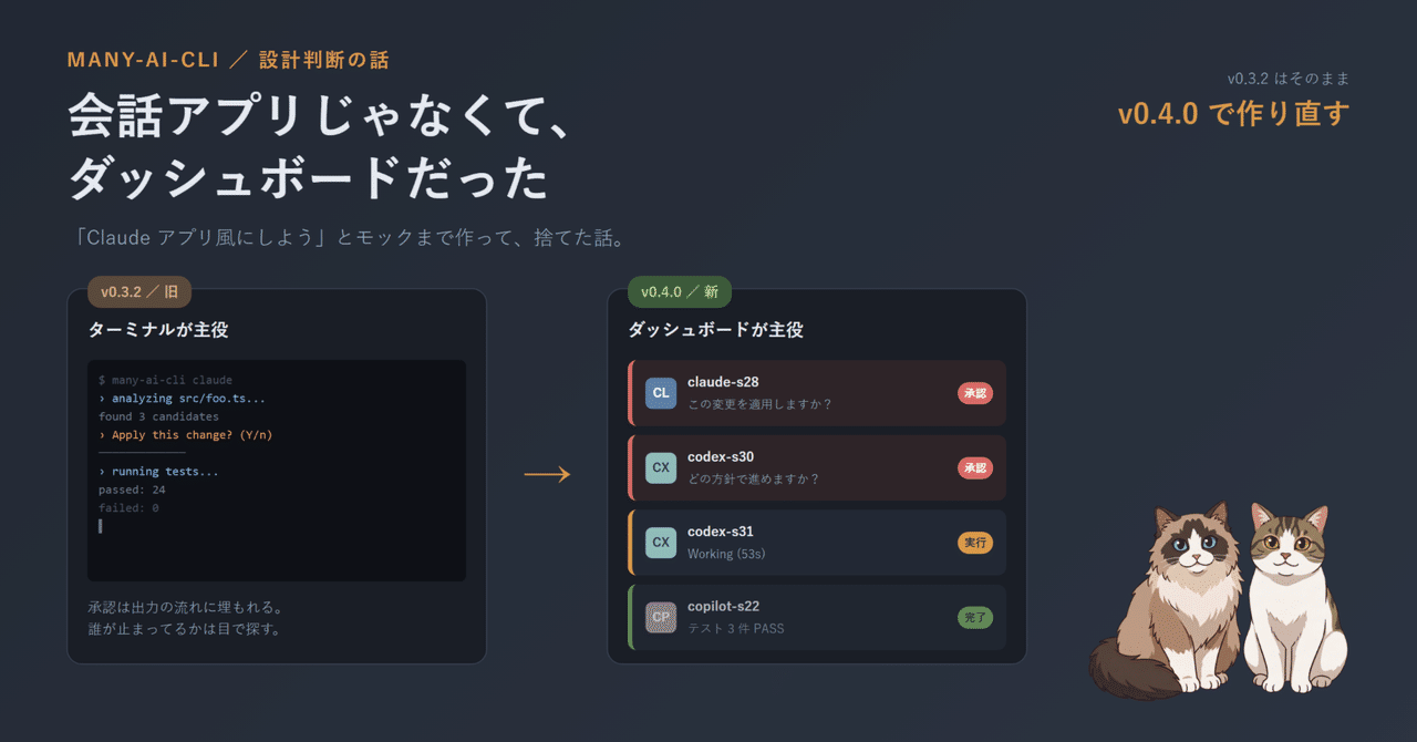 many-ai-cli のスマホ UI 設計判断、吹き出しチャットからダッシュボード型へ作り直す転換点