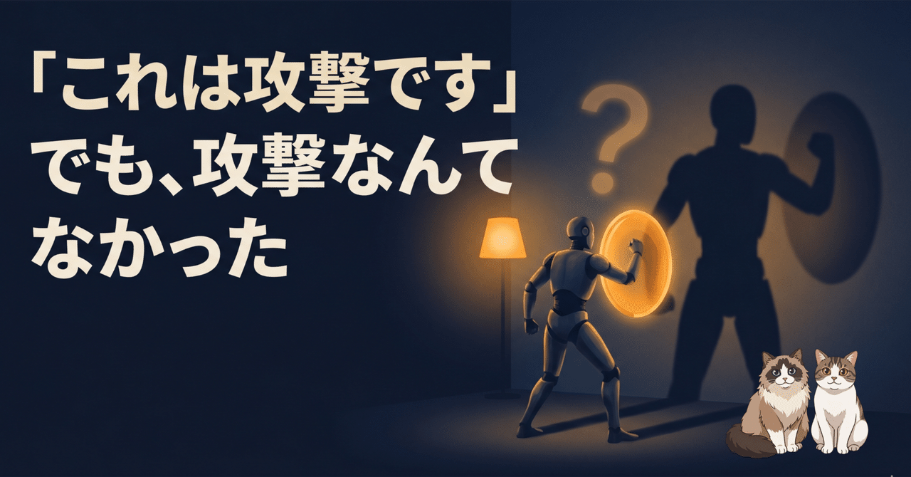 「これは攻撃です」と身構えるClaudeのイメージ。ありもしない攻撃に過剰防衛するAIの姿