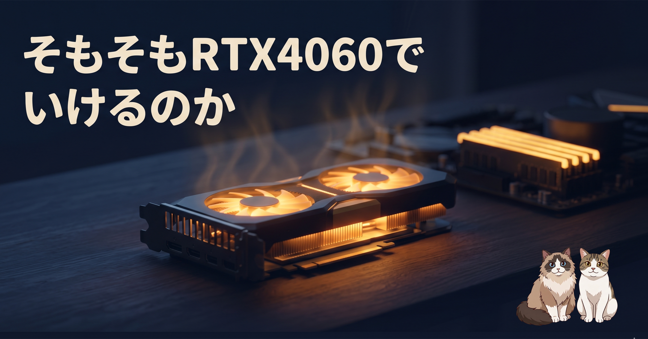 RTX4060 と Ollama でローカル LLM から Claude Code を動かそうと挑む様子。8GB の GPU メモリに収まらず PC が固まる現実を示すイラスト。