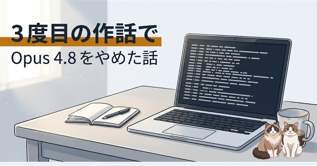 3 度目の作話で Claude Opus 4.8 をやめた話のヒーロー画像。退避先として Opus 4.7 を選ぶ判断の図。