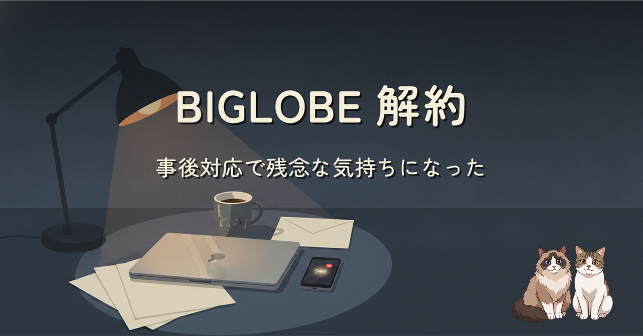 夜のデスクに置かれた閉じたノート PC、SMS 通知が灯ったスマートフォン、封のされた手紙、暖色のランプ。タイトル『BIGLOBE 解約 / 事後対応で残念な気持ちになった』が画面上部に配置されたヒーロー画像