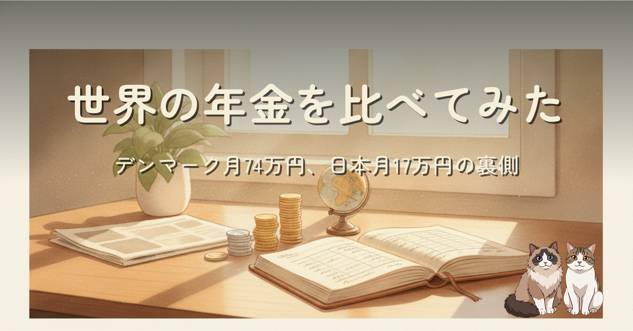 クリームとアンバーの暖色で描かれた、年金と老後の暮らしを連想させる落ち着いた机上の静物。タイトル『世界の年金を比べてみた / デンマーク月74万円、日本月17万円の裏側』が画面上部に配置されたヒーロー画像