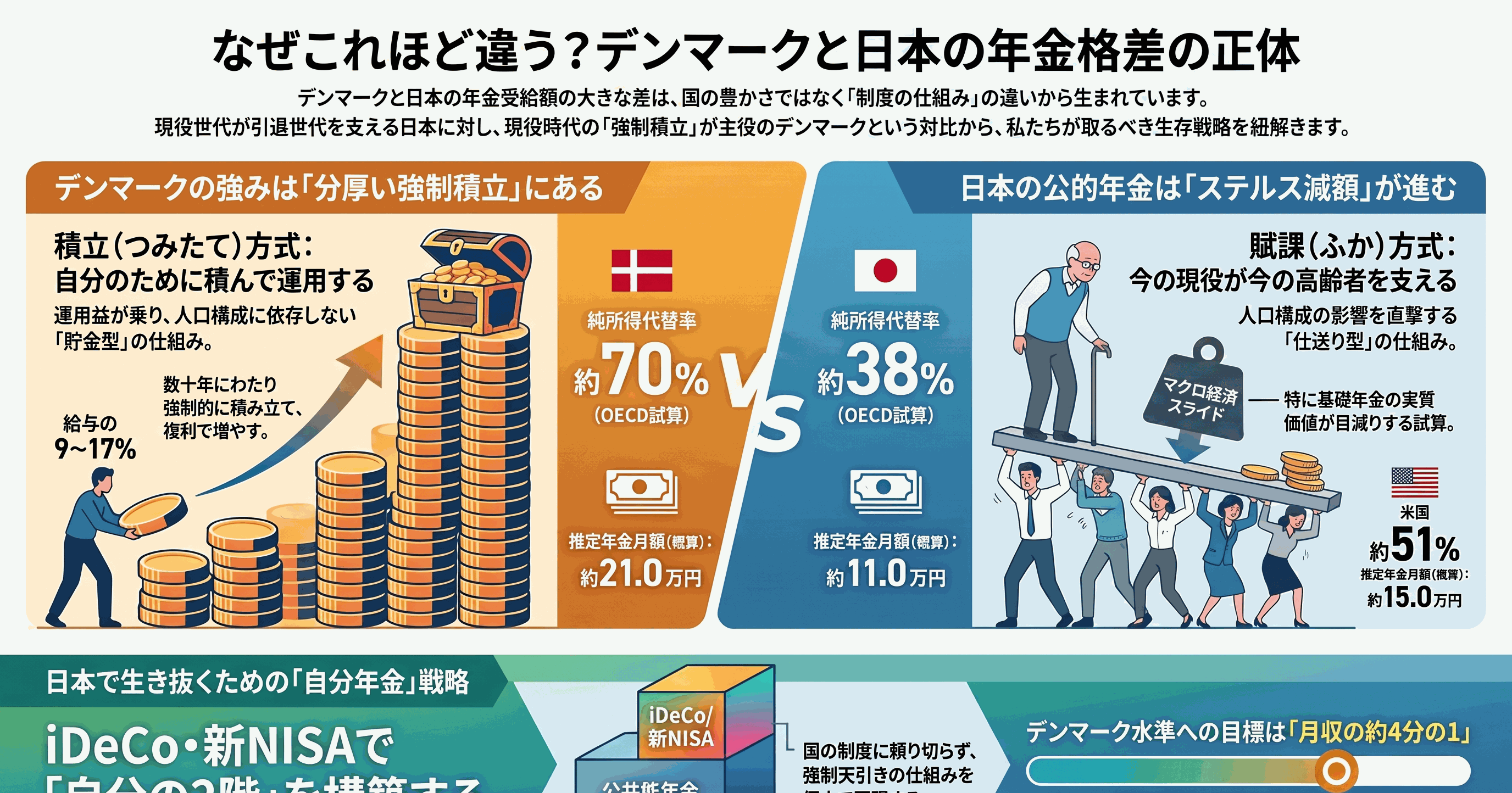 記事全体の要約インフォグラフィック。デンマークと日本の年金格差を3段の補正でほぐす流れと、月収別の積立目安、結論までを1枚にまとめた図
