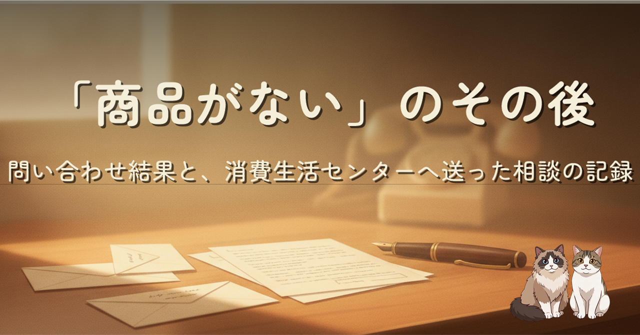 暖かい光の差す木のデスクに、整えられた書類の束と開封された封筒、閉じた万年筆、背景に淡く溶ける電話の受話器のシルエット。タイトル『「商品がない」のその後 / 問い合わせ結果と、消費生活センターへ送った相談の記録』が画面上部に配置されたヒーロー画像