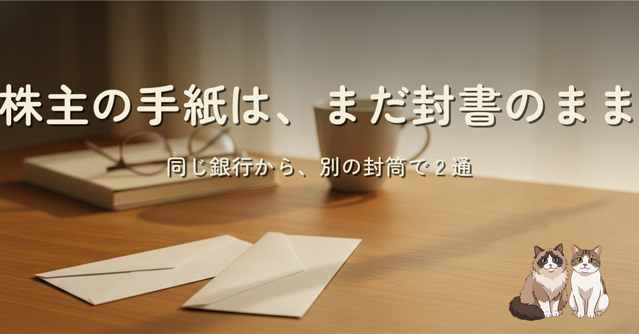 木のデスクの上に静かに並ぶ 2 通の白い封筒、窓からの柔らかな午後の光、クリームとアンバーの温かい色調。タイトル『株主の手紙は、まだ封書のまま / 同じ銀行から、別の封筒で 2 通』が画面上部に配置されたヒーロー画像