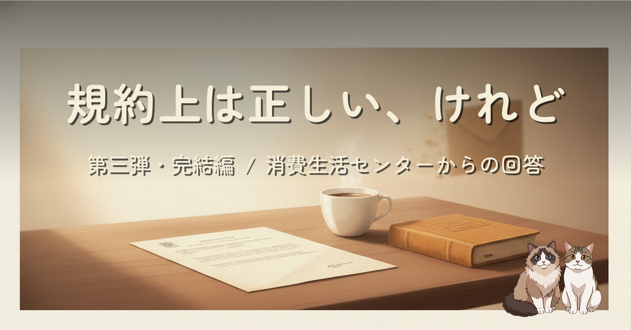 暖かい光の差す木のデスクに、開封された 1 通の手紙、横に伏せて置かれた小さな革表紙の本、半分だけ残ったコーヒーの湯気、背景に淡く溶ける茶封筒のシルエット。シリーズ第三弾・完結編のヒーロー画像