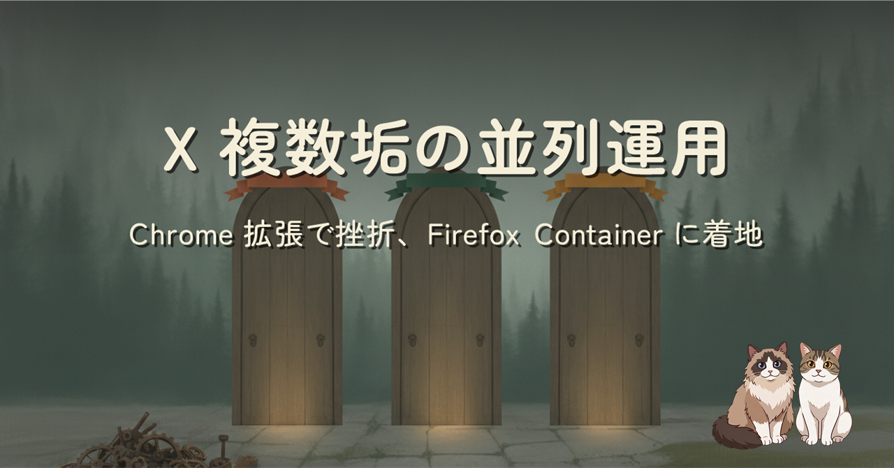灰から緑への回復基調のイラスト。前景に壊れた歯車と工具の山、中景に色付きリボンで印された 3 つの扉が並ぶ。