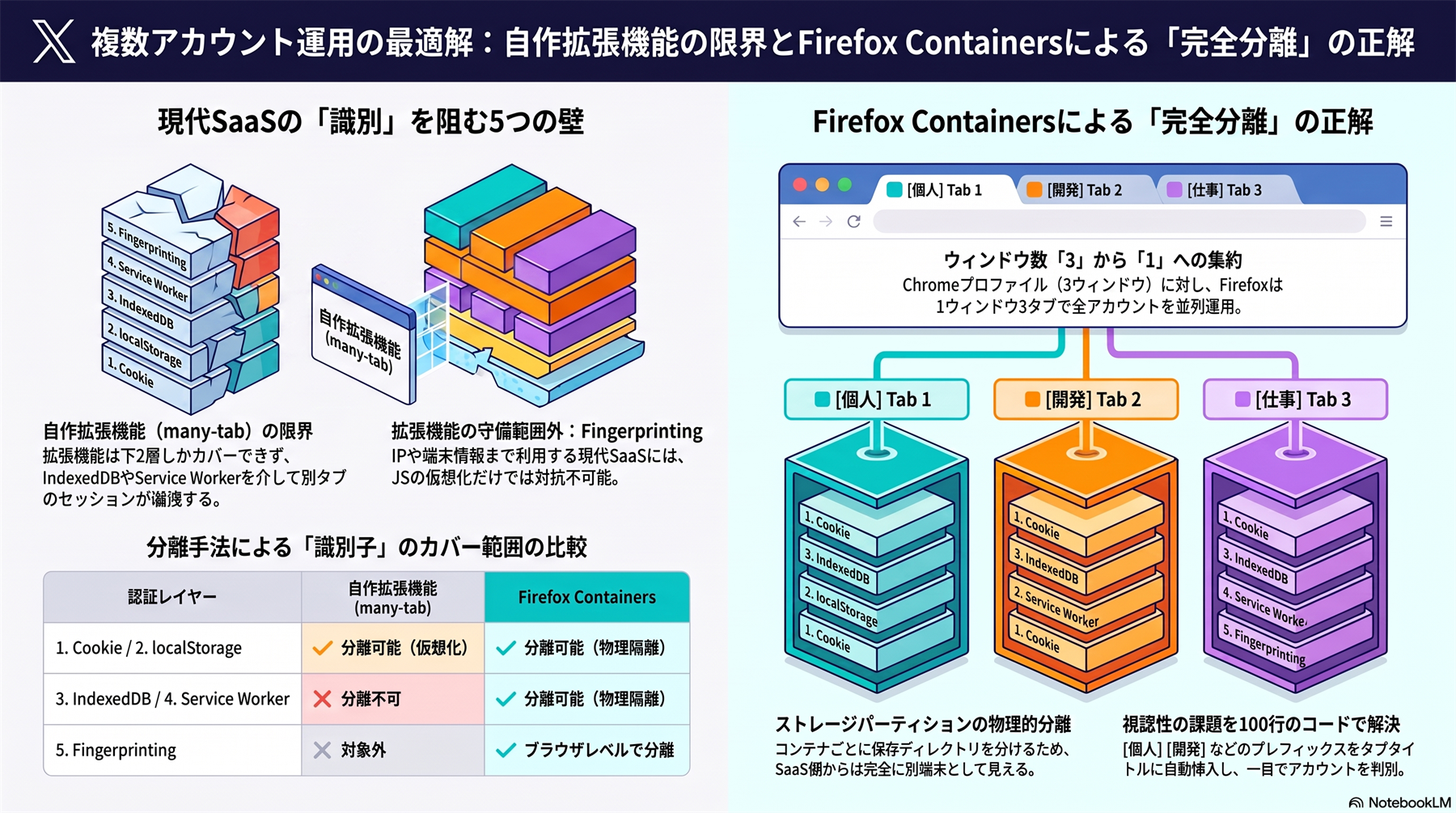 複数アカウント運用の完全分離手法の全体図。Chrome プロファイル・自作拡張・Firefox Container の 3 方式を分離レベルと UX で比較する。