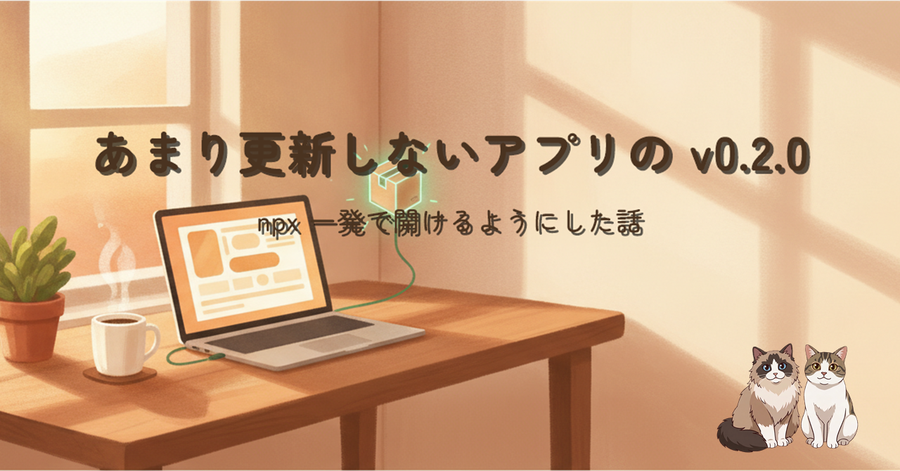 夕暮れの窓辺の机でノート PC から光る小包アイコンへ緑の光が走るイラスト。タイトル『あまり更新しないアプリの v0.2.0』