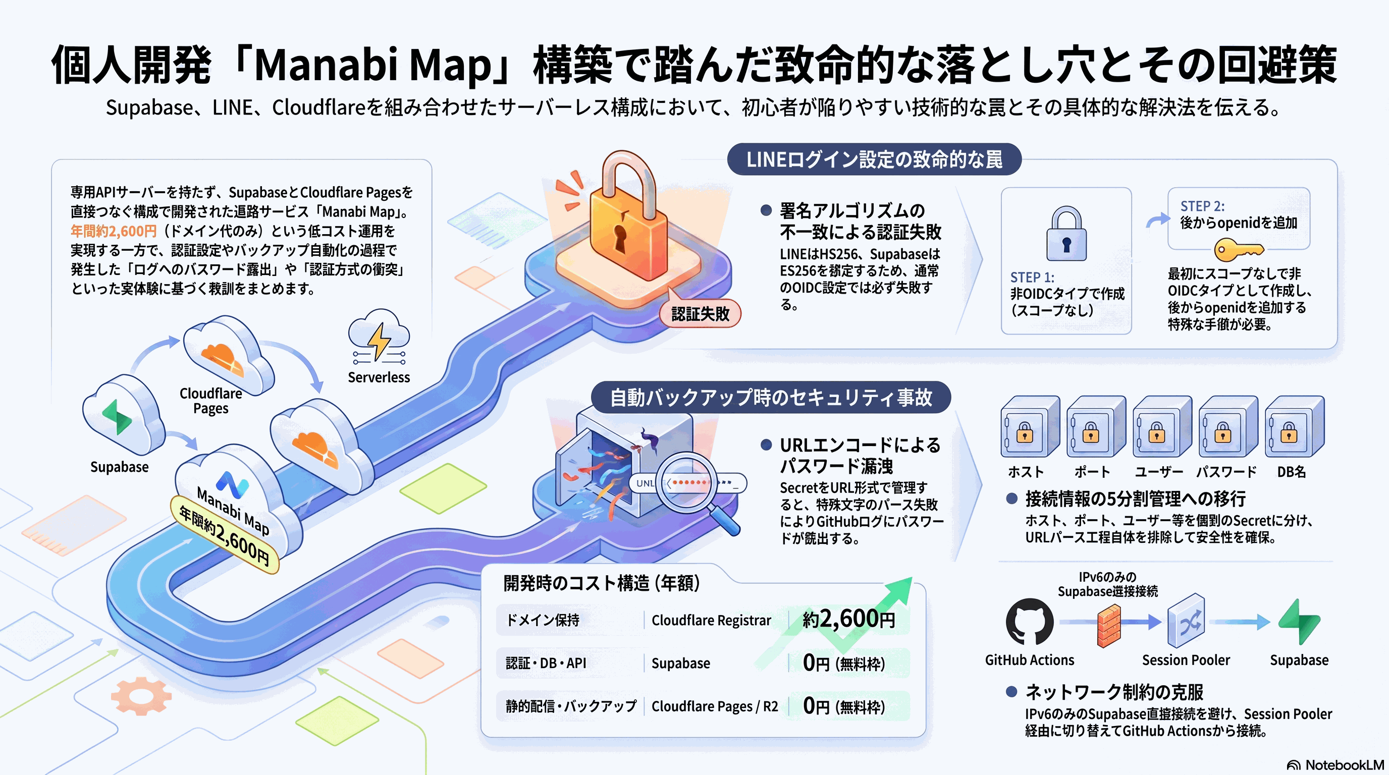 記事の要約インフォグラフィック。個人開発の落とし穴と回避策