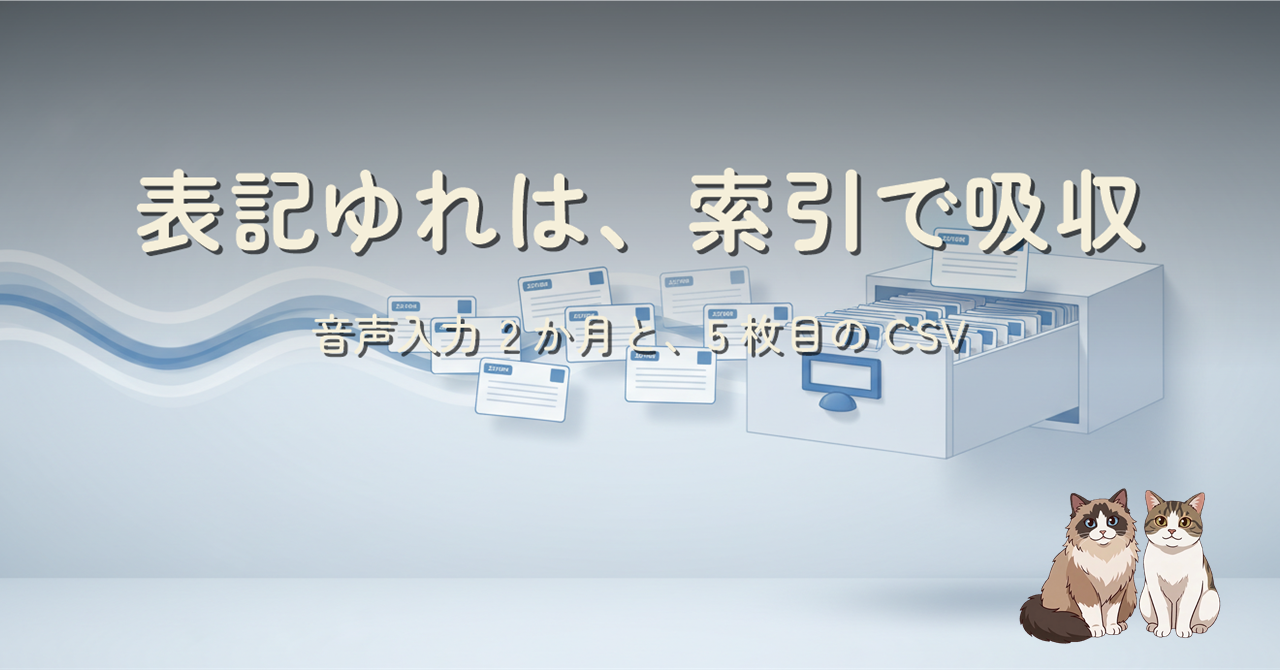 音声の波が索引カードに変わっていくイラストに「表記ゆれは、索引で吸収」のタイトル