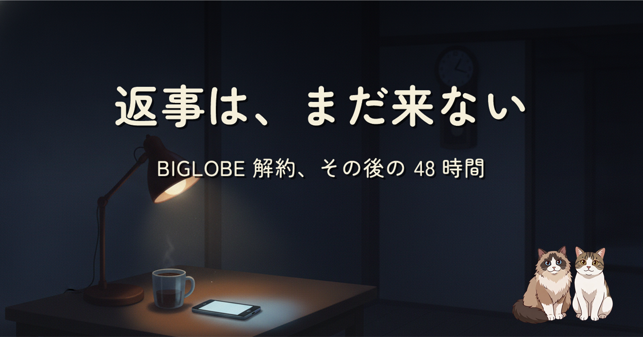 夜の在宅デスクに置かれた光るスマートフォンと冷めたコーヒー、暖色のランプ。タイトル『返事は、まだ来ない / BIGLOBE 解約、その後の 48 時間』が上部に配置されたヒーロー画像