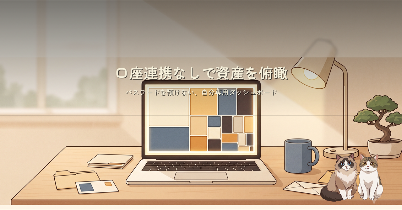 口座連携なしで資産を俯瞰するheatfolioを描いた暖色のヒーロー画像