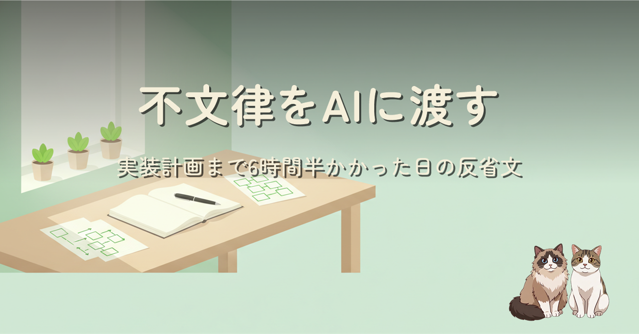 ヒーロー画像: 不文律をAIに渡す。明るい緑の机上イラストにタイトル文字