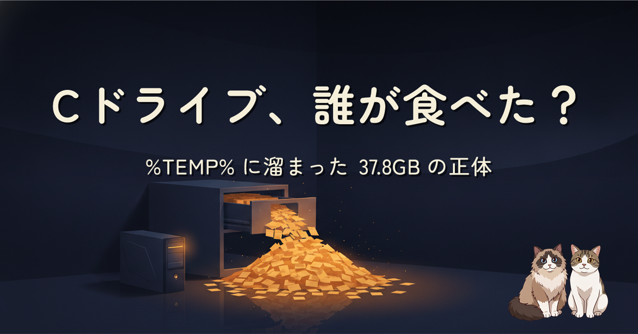 ネイビーの部屋で、引き出しから溢れたファイルの山がアンバーに光るイラスト。タイトル『Cドライブ、誰が食べた？』