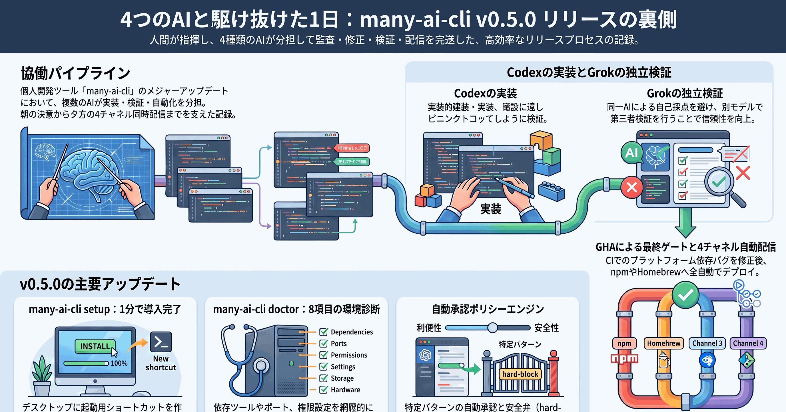 記事全体の 1 日タイムライン: 監査 → codex 委託 → Grok 検証 → CI 3 回 → タグ push → 4 チャネル配信