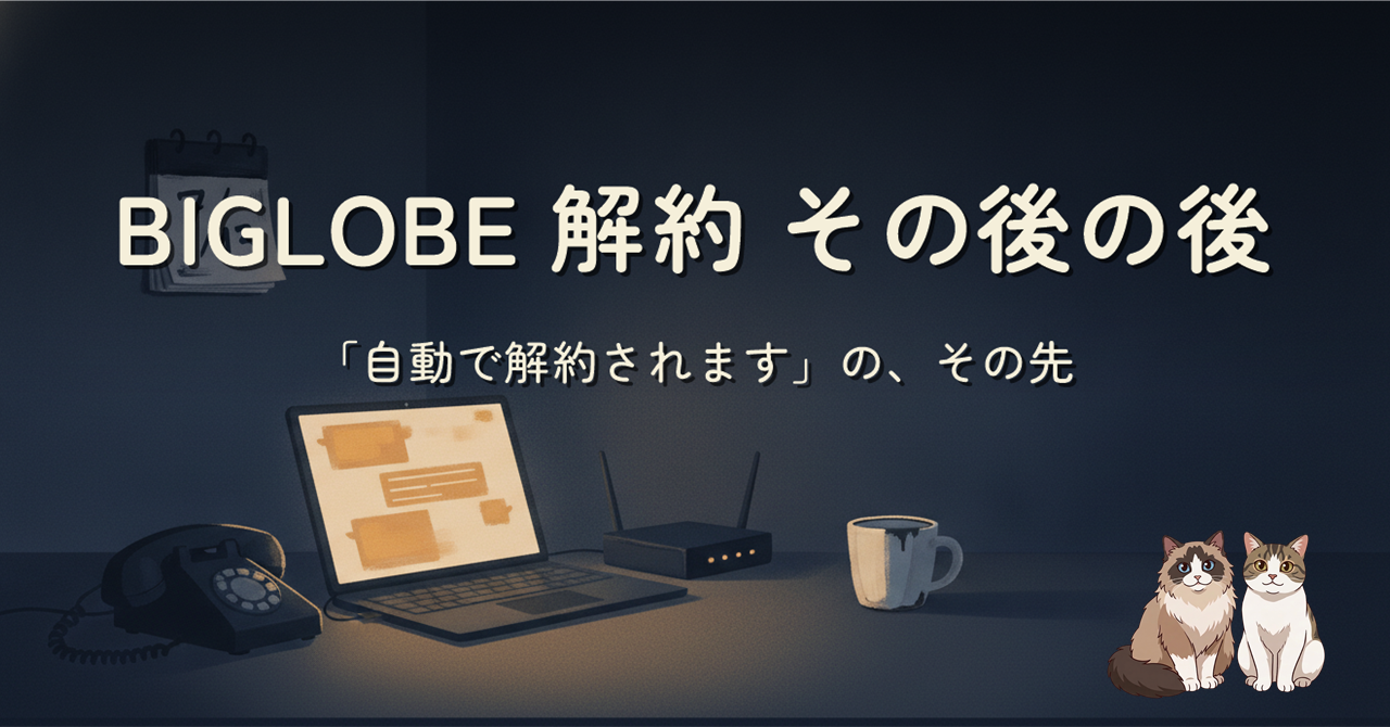 夜の在宅デスクに置かれた固定電話の受話器とラップトップ。落ち着いたネイビーの背景に、Wi-Fiルーターのアンバーのランプが灯る。タイトル『BIGLOBE 解約 その後の後 / 「自動で解約されます」の、その先』が上部に配置されたヒーロー画像