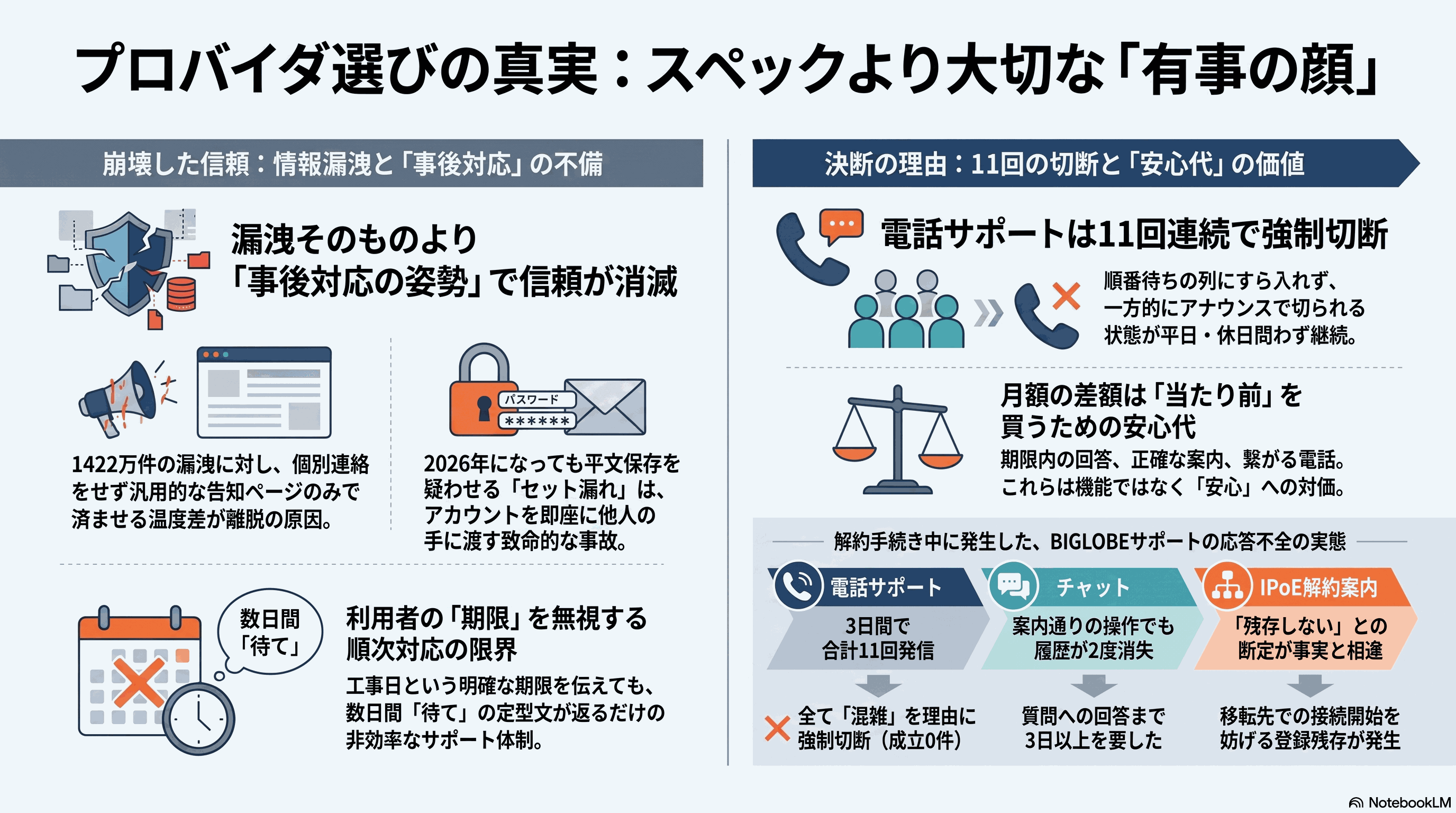 記事全体を1枚にまとめたインフォグラフィック（NotebookLM 生成）。工事前日にBIGLOBEから『残存することはございません』と断定されたIPoEが工事後も残り、移転先のv6プラスが『申込中』から動かない。電話は3日で通算11回全部切断。それでも安心代として毎月の差額に納得している、という要約