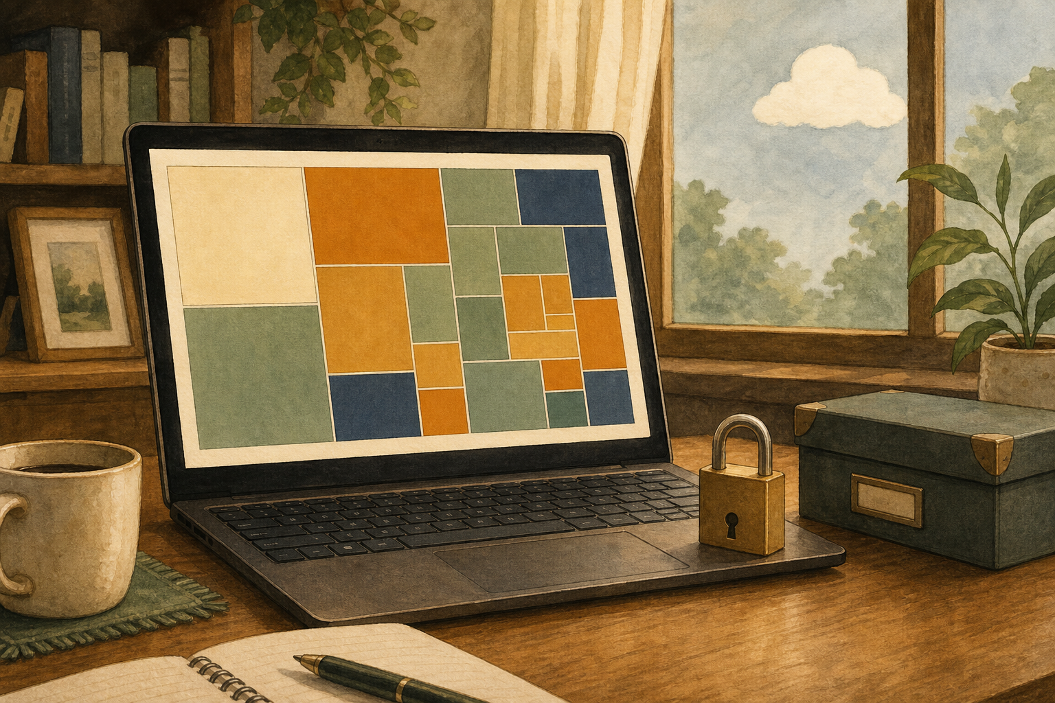 鍵のそばにあるノートPCでローカル資産ダッシュボードを見る情景