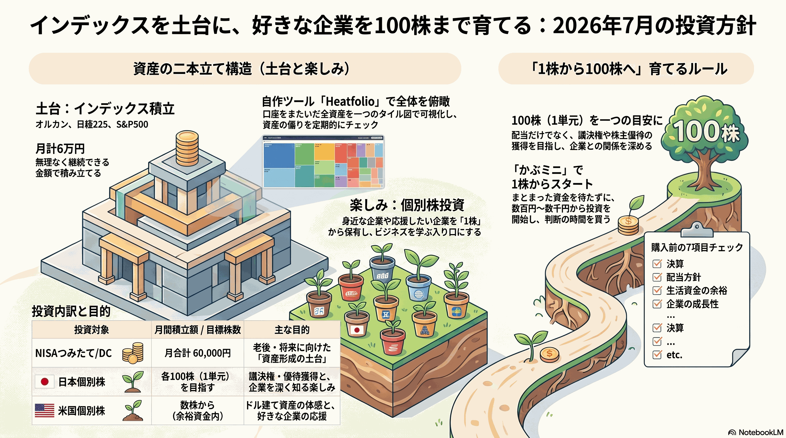 積立投資を土台に、個別株を1株から100株まで育てる投資方針のインフォグラフィック