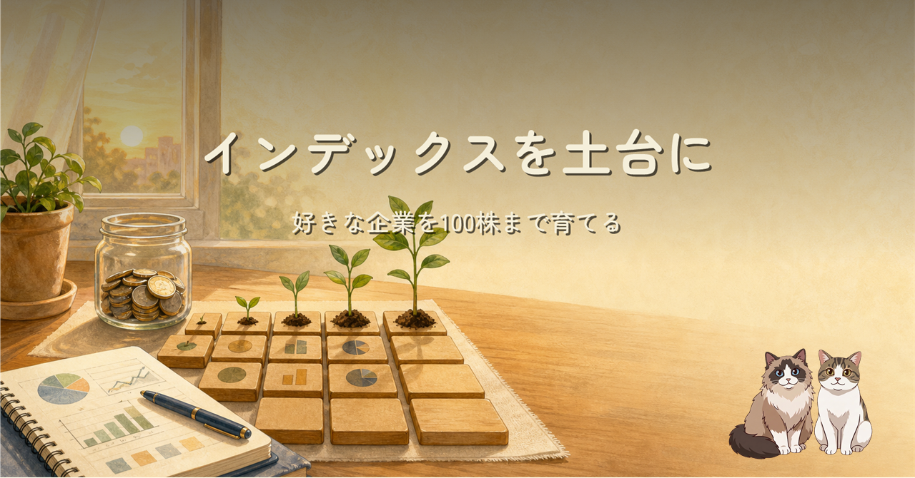 積立投資を土台に、好きな企業の株を少しずつ育てる投資方針を表したヒーロー画像
