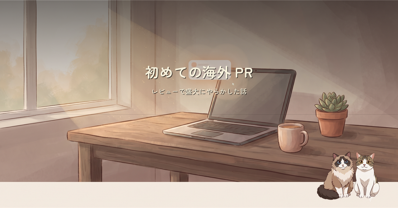 朝の静かなホームオフィス。木のデスクの上でノート PC が通知を受け取っている情景。窓からは柔らかい朝日が差し込み、右下には看板キャラの猫 2 匹