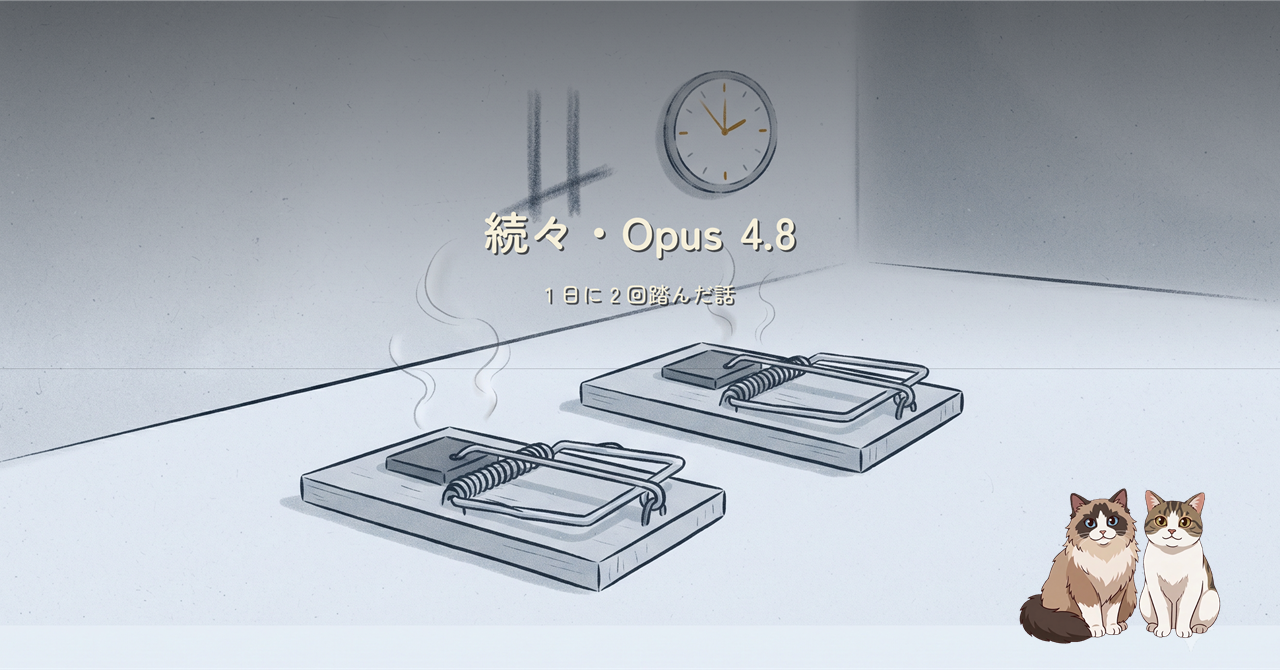 続々・Opus 4.8 で 1 日に 2 回踏んだ話のヒーロー画像。同じ日に 2 回踏んだ観察記
