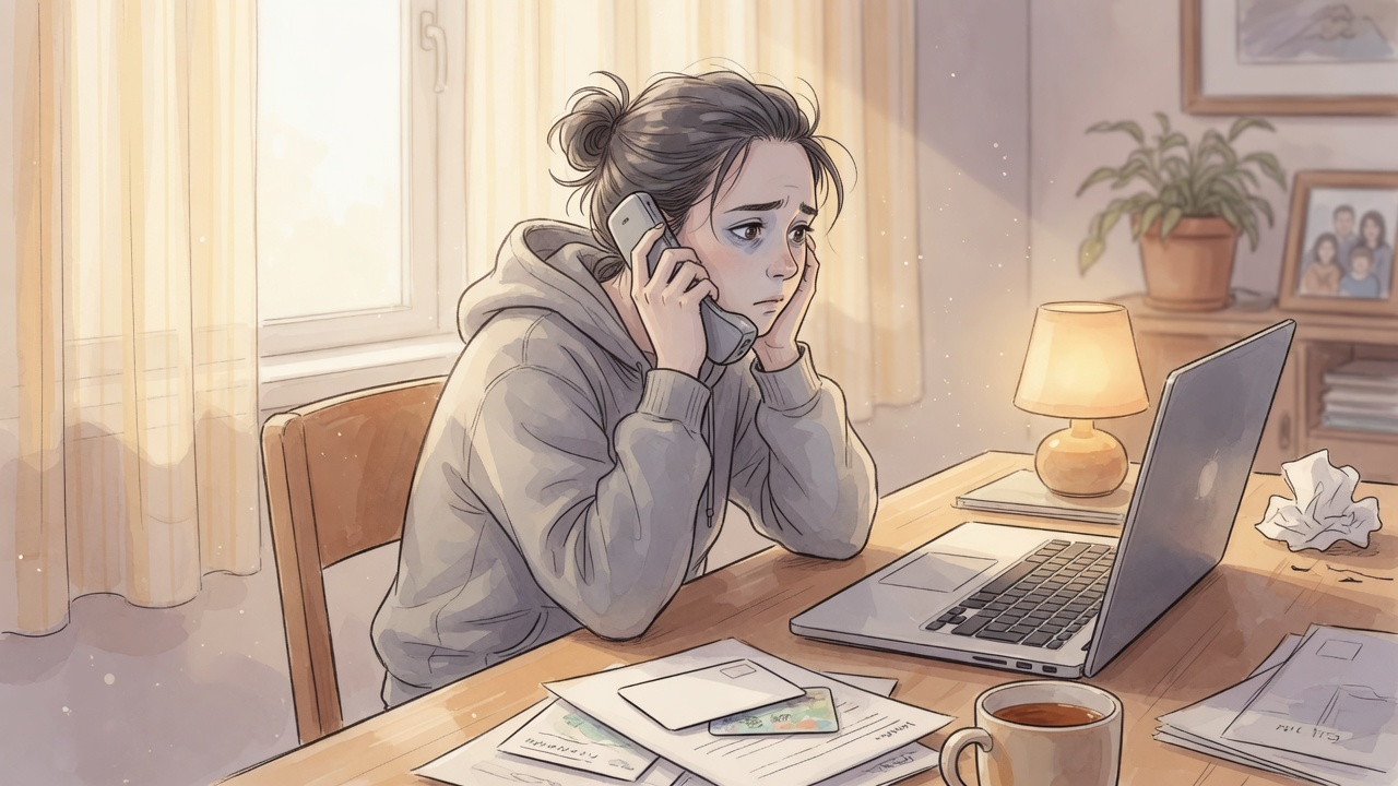 サポート電話のあと机で青ざめる親の挿絵
