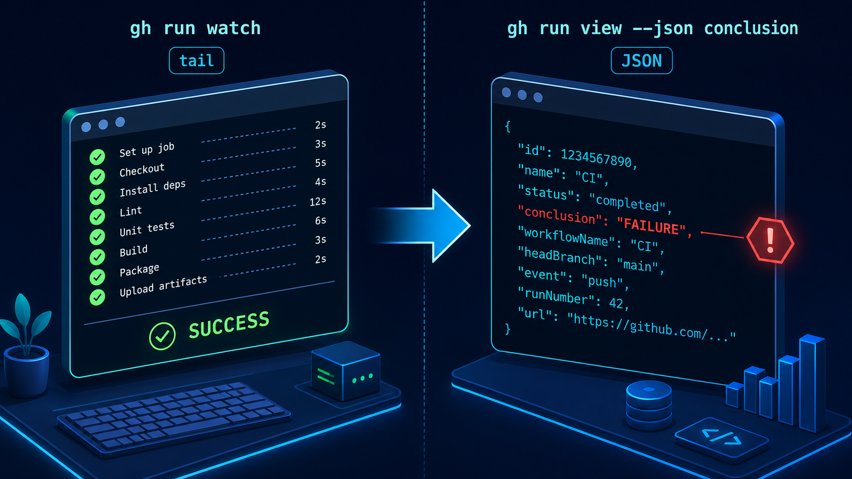 tail に見える緑チェックと JSON の conclusion が食い違っている様子の挿絵
