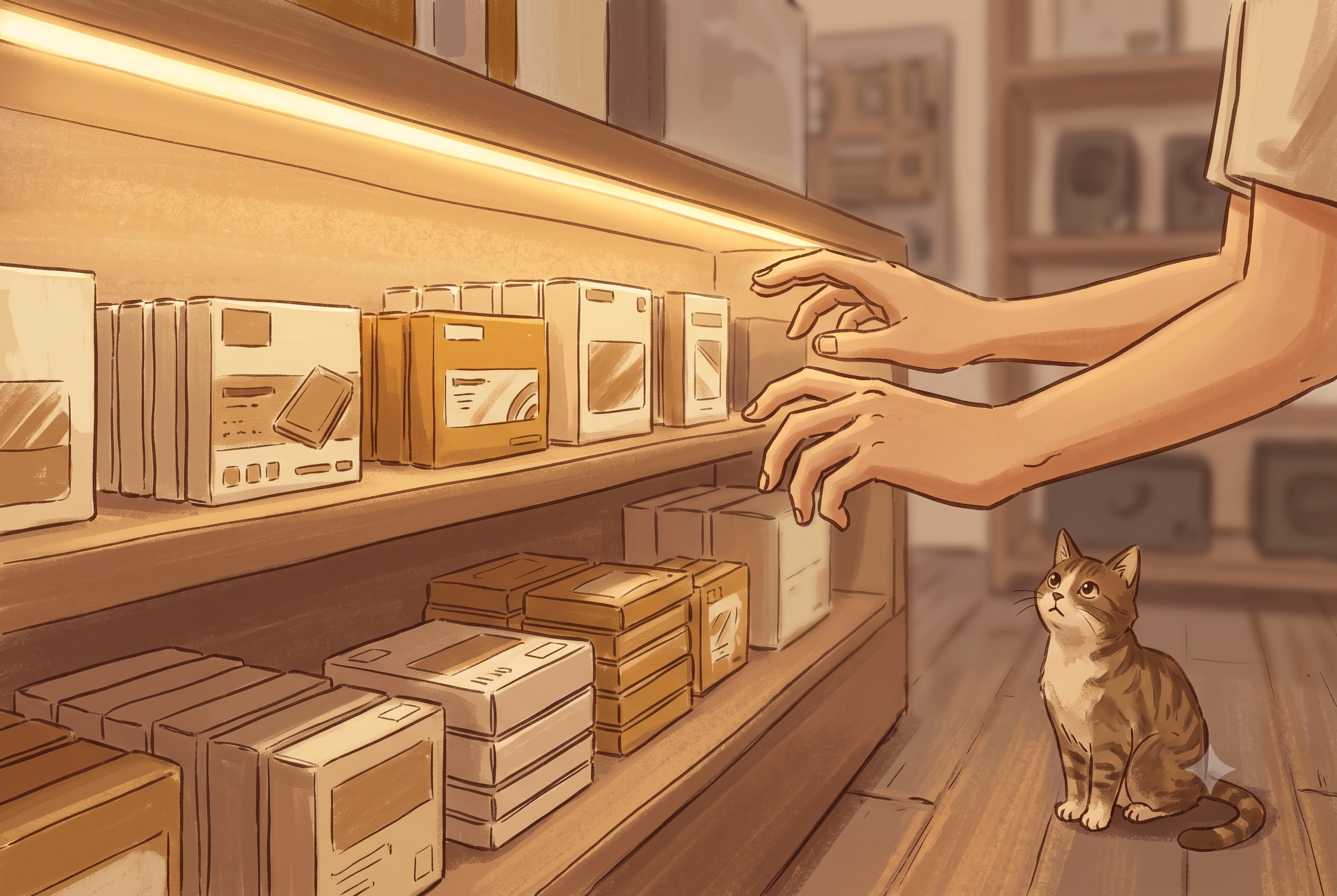M.2 SSDの値札の前で立ち止まる猫の挿絵