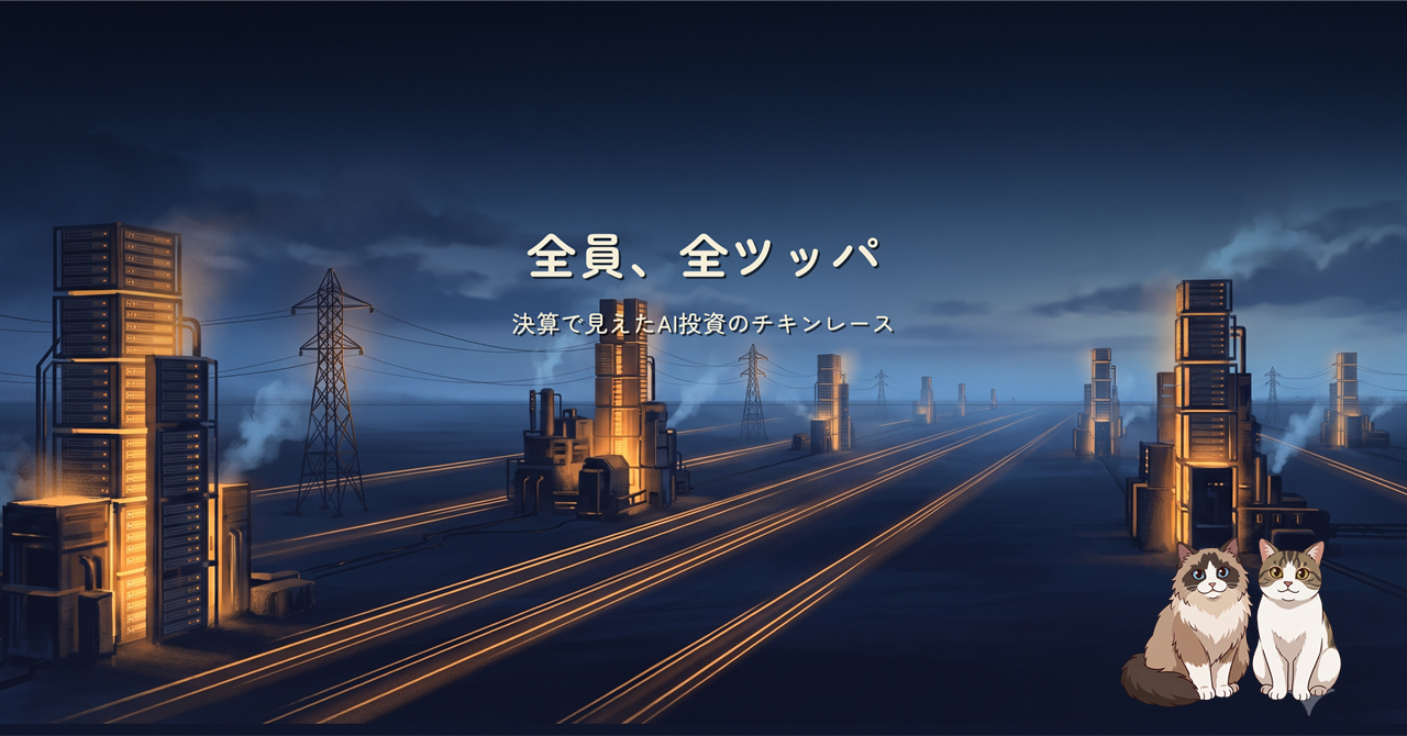 夕暮れの平原に並ぶ巨大なサーバーラックの塔と、同じ方向へ伸びる琥珀色の光跡