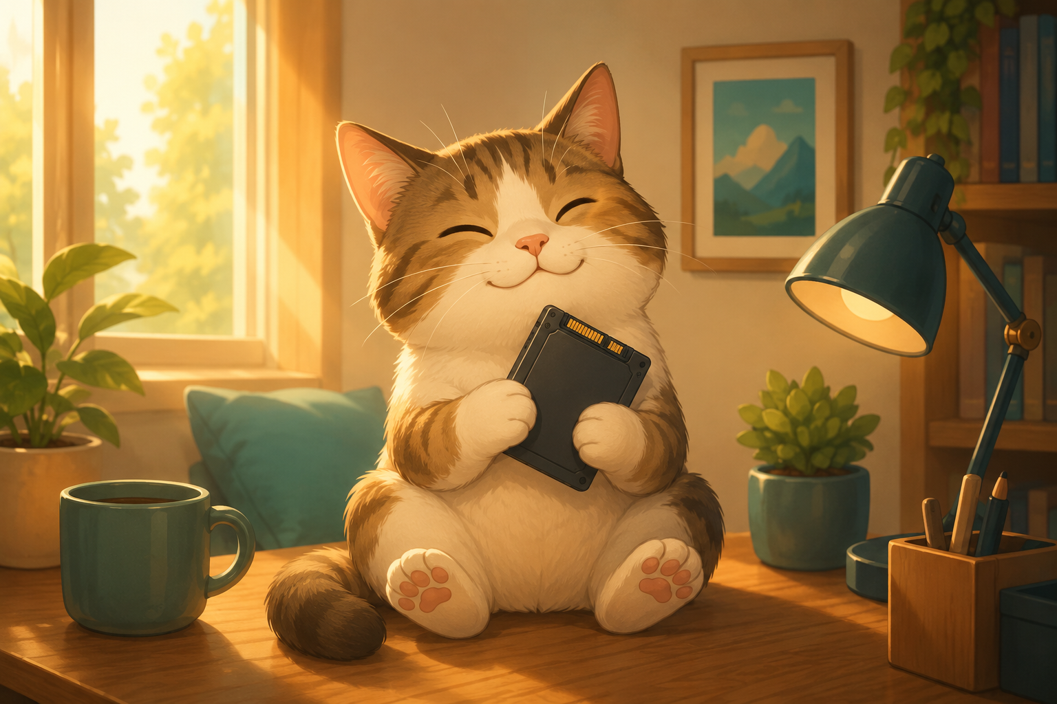 掘り起こしたSSDを手に一息つく猫のイラスト