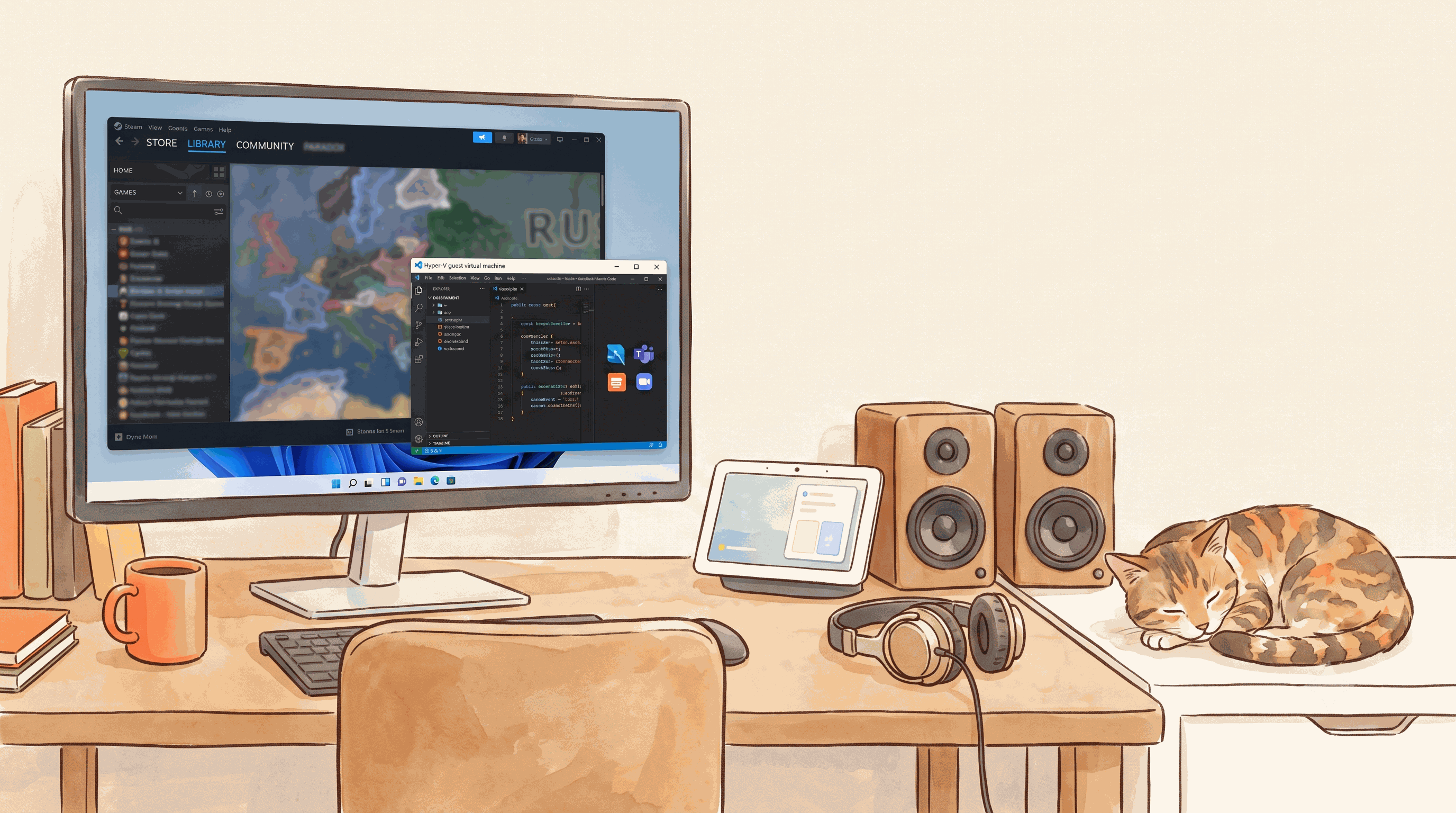 物理 Windows 11 のホストに Hyper-V ゲストのウィンドウが重なり、ホスト側にスピーカーとヘッドフォンが繋がっているヒーロー画像