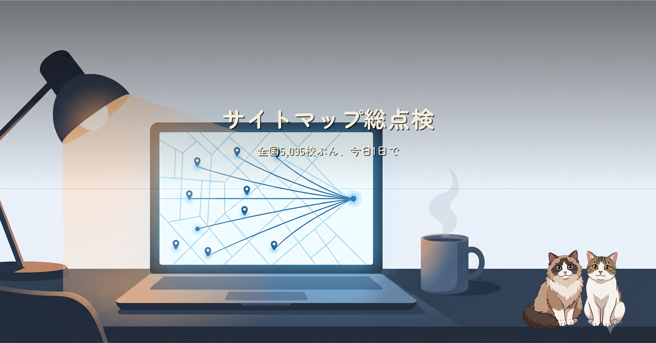 夜のデスクでノートPCの地図が光る、サイトマップ総点検のヒーロー画像