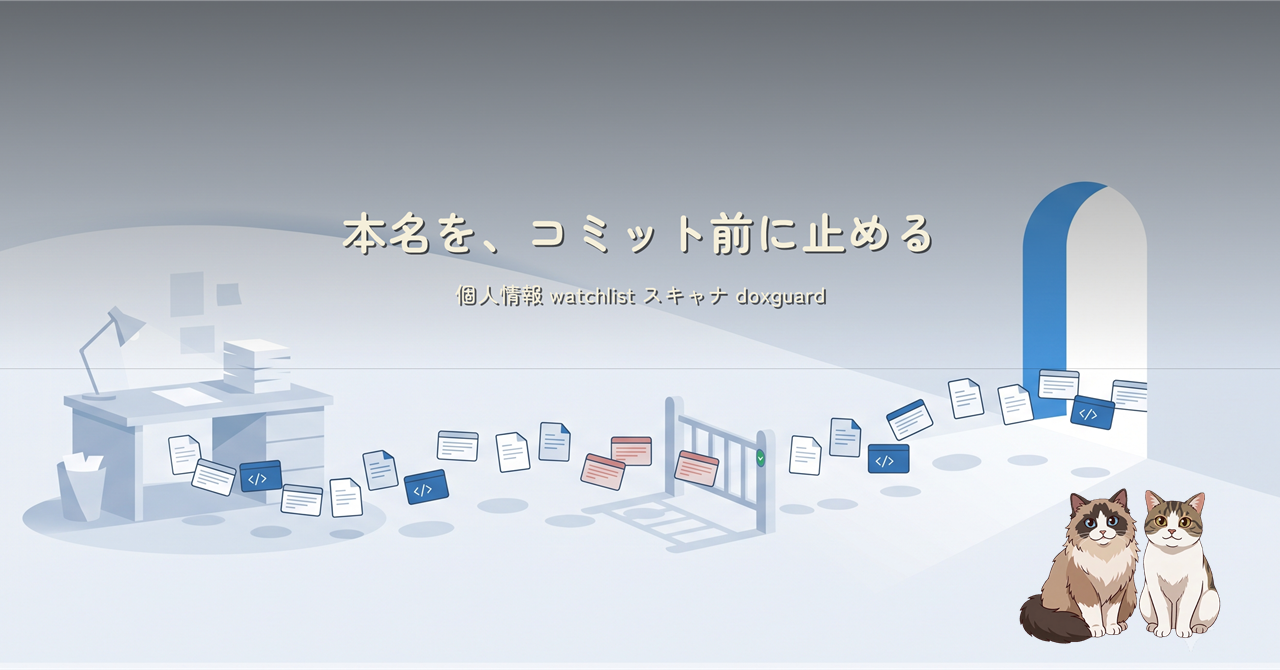机から公開リポジトリへ流れる書類を、小さな関所が堰き止めている淡いブルーのイラスト