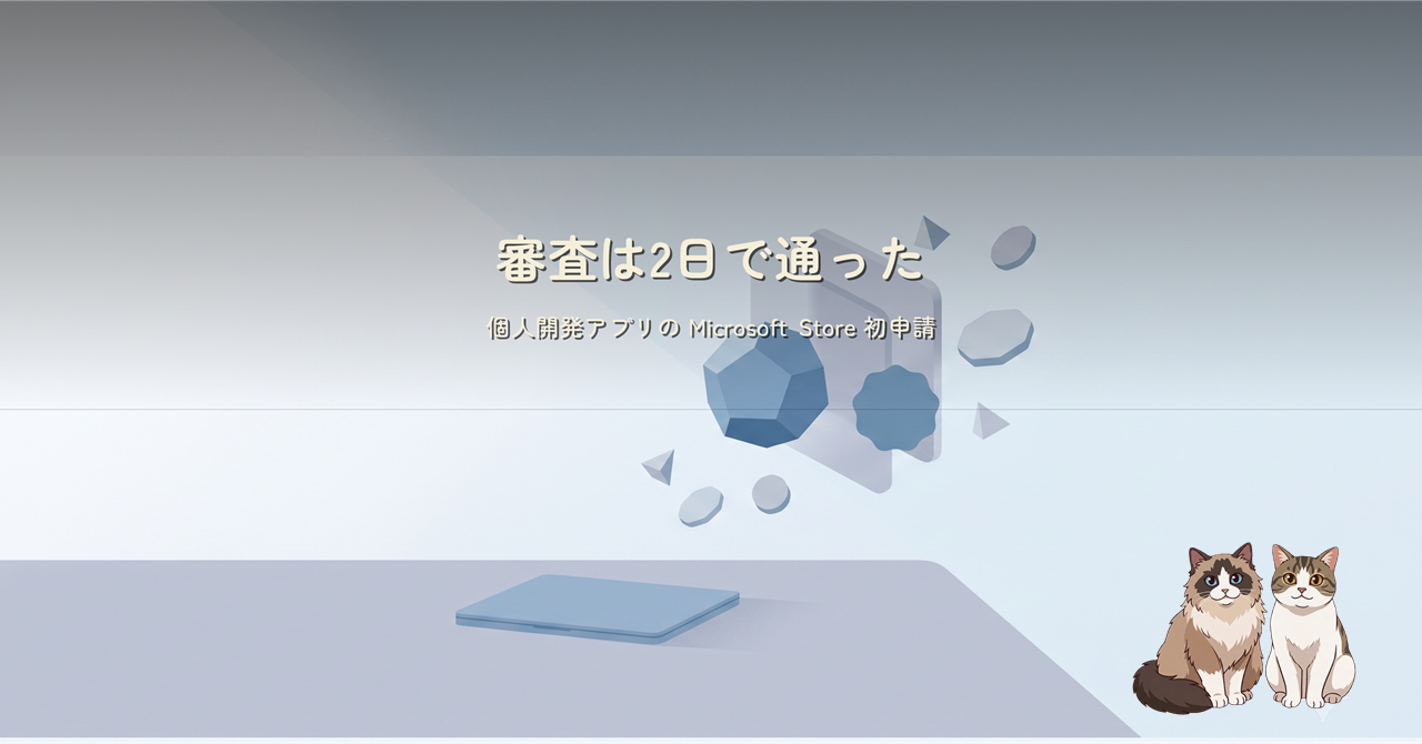淡い水色の抽象的な机の情景。審査は2日で通った、というタイトル