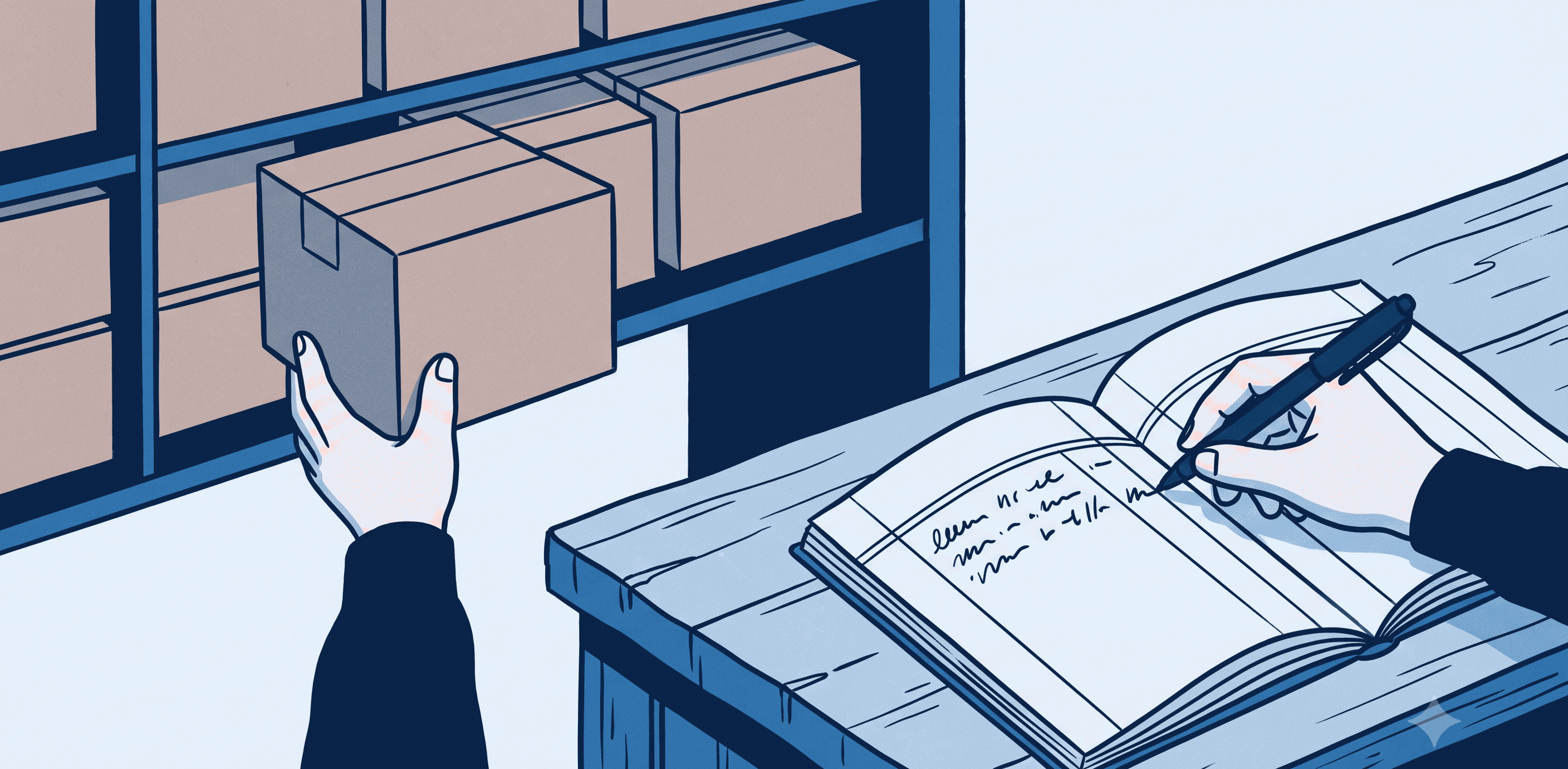 荷物を受け取るたびに、日付と差出人を帳面へ書き込んでいる手元
