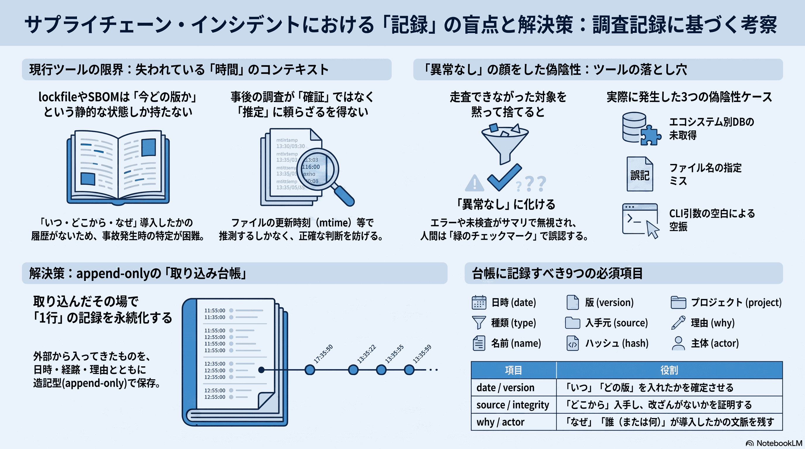 記事の要約: 記録の盲点、偽陰性の落とし穴、append-only 台帳という解決策