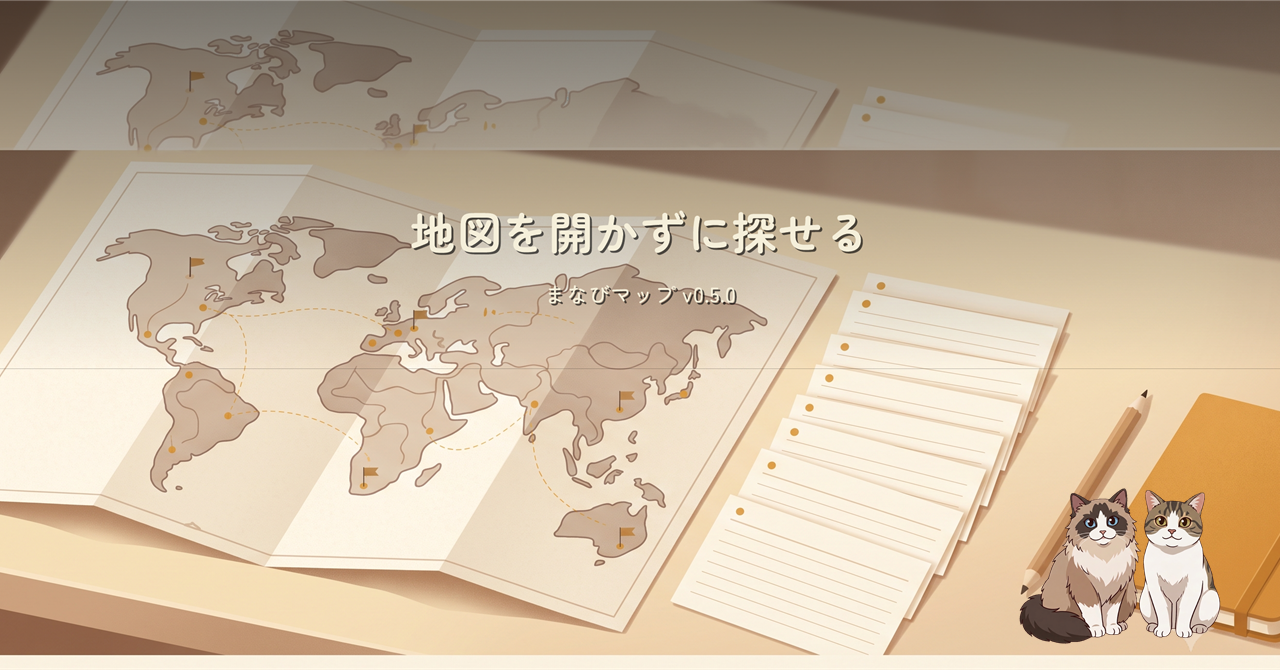 机に広げた地図と、その隣に並ぶカードのリスト
