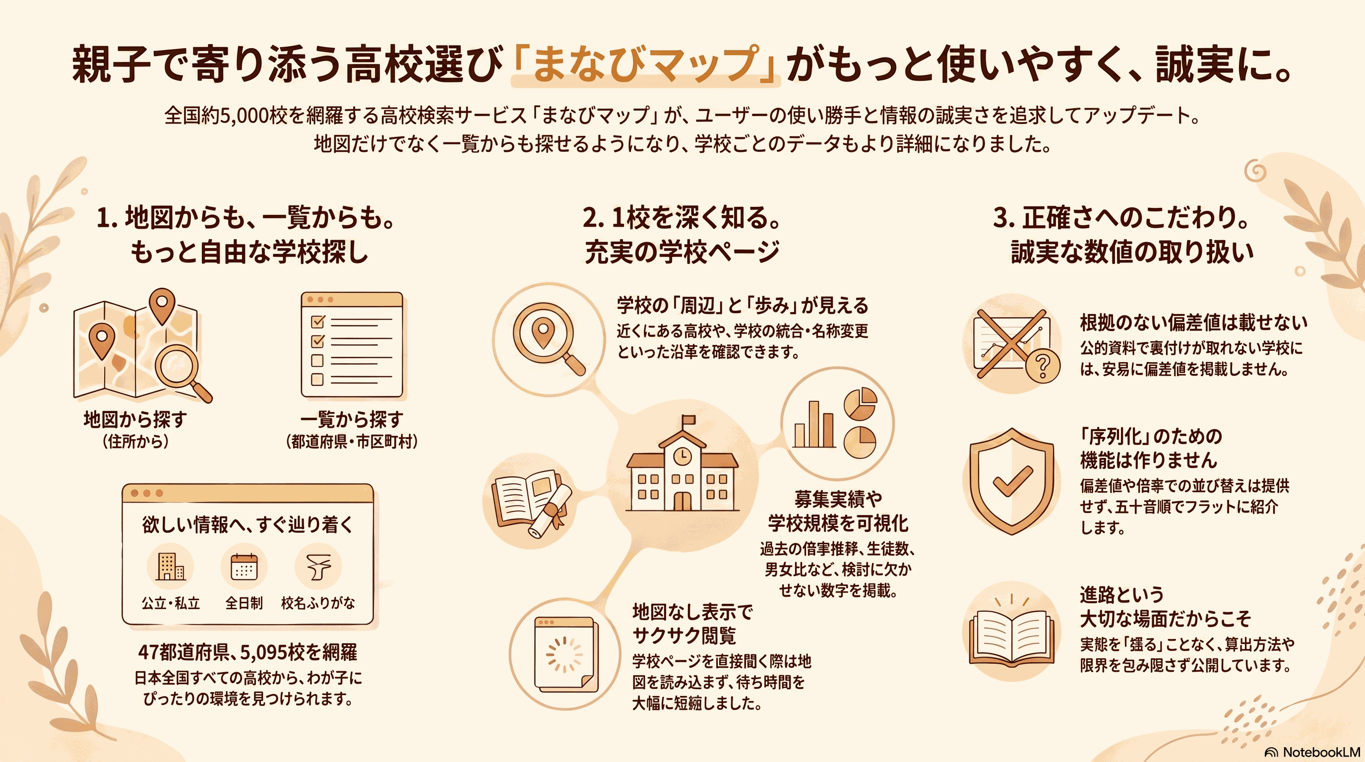 記事の要約: 一覧からも探せる導線、学校ページの充実、誠実な数値の取り扱いの3点
