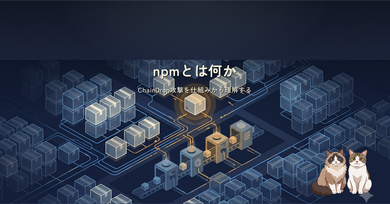 npmの依存関係に紛れ込むChainDrop攻撃を表した技術解説イラスト