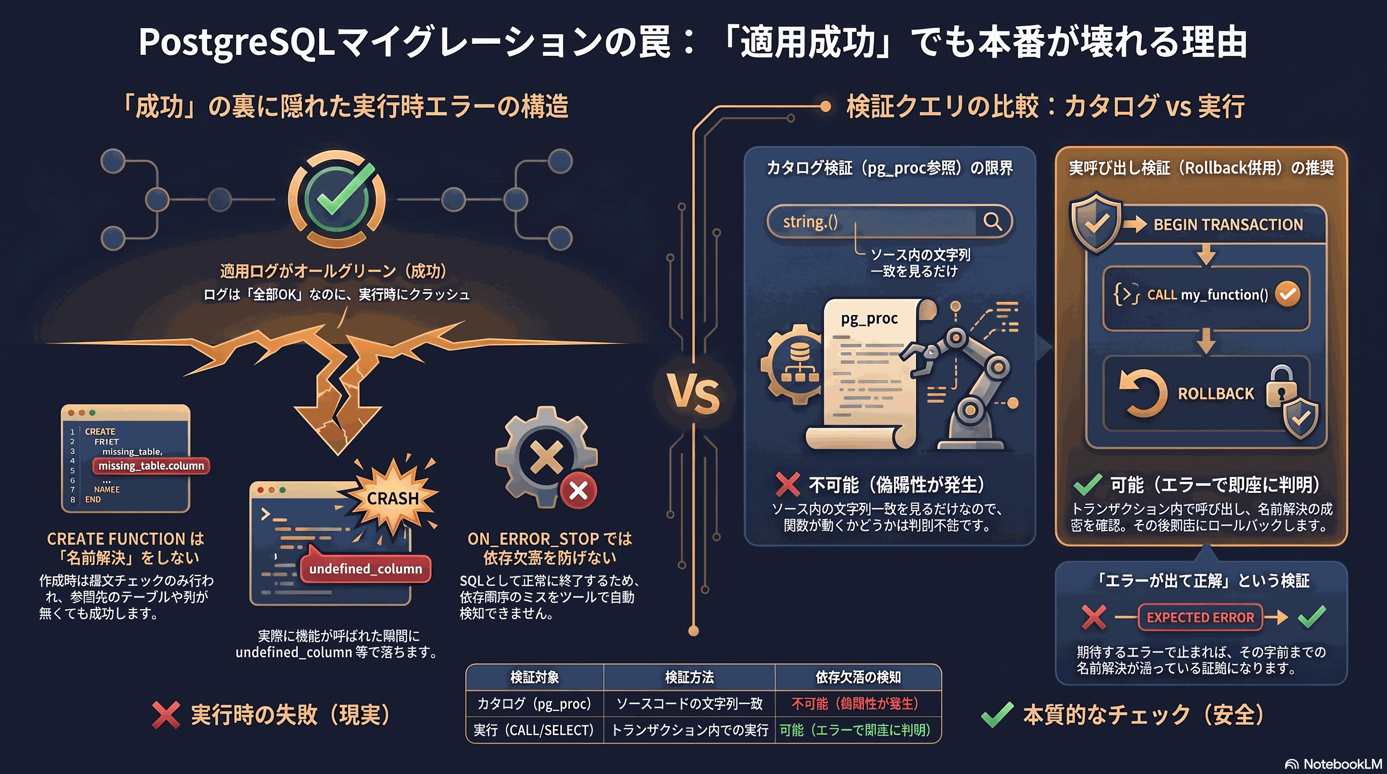 記事の要約: 適用は全部成功するのに実行時に壊れる構造と、2種類の検証の対比