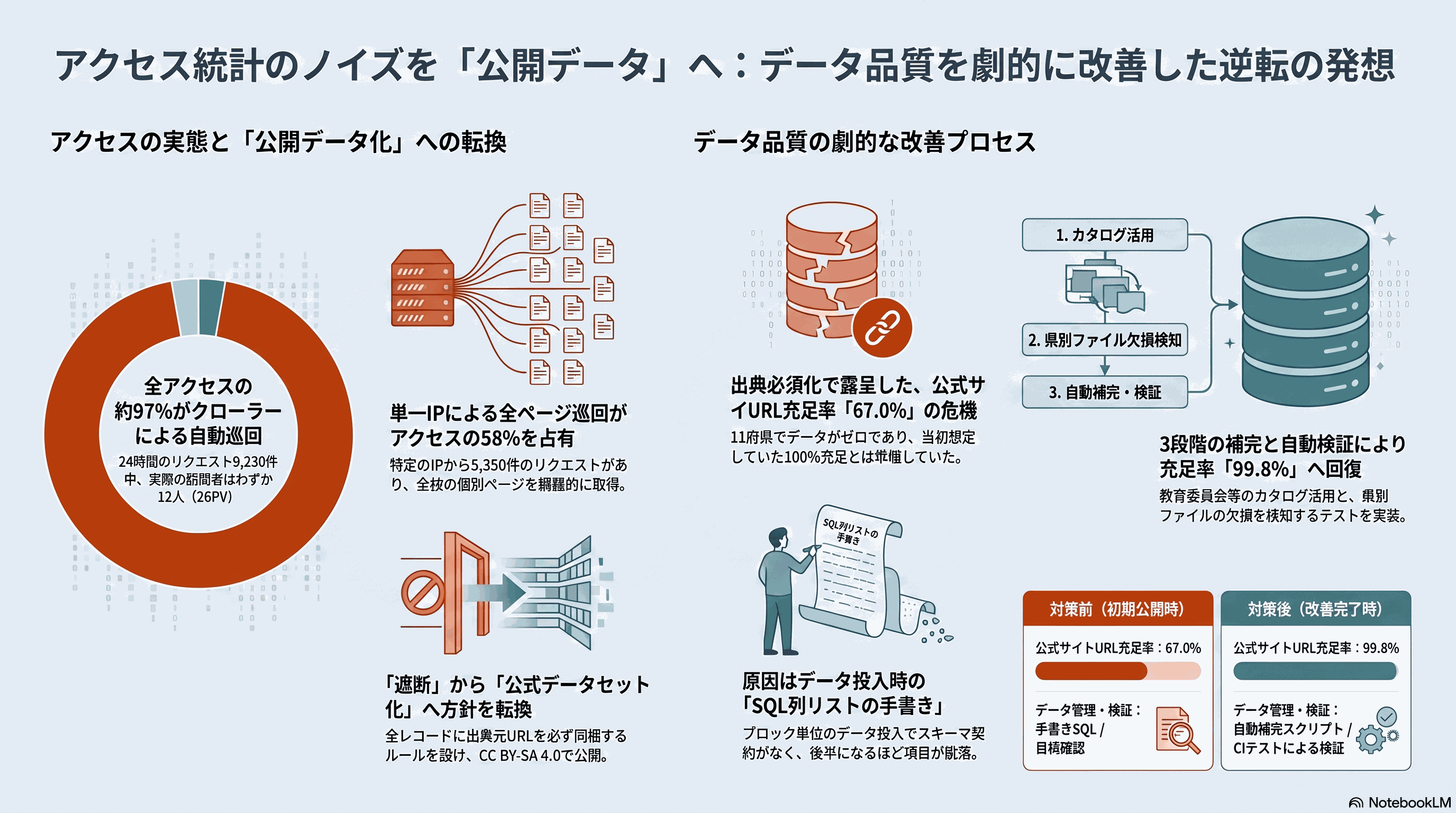 記事の要約: bot によるリクエストの内訳から、公開データセット化とデータ充足率の是正までの流れ