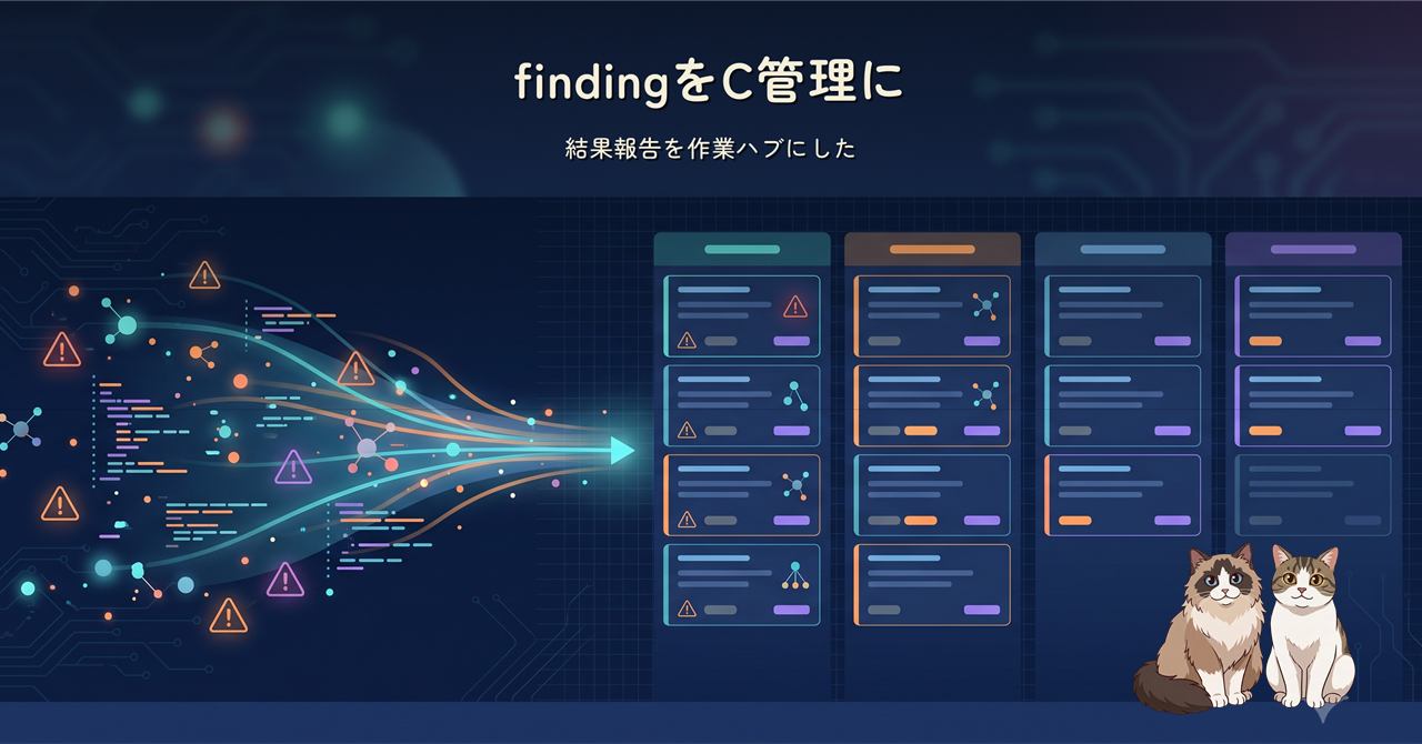 散らばった監査 finding が、カンバンボードの整理された作業カードへ流れ込んでいく様子