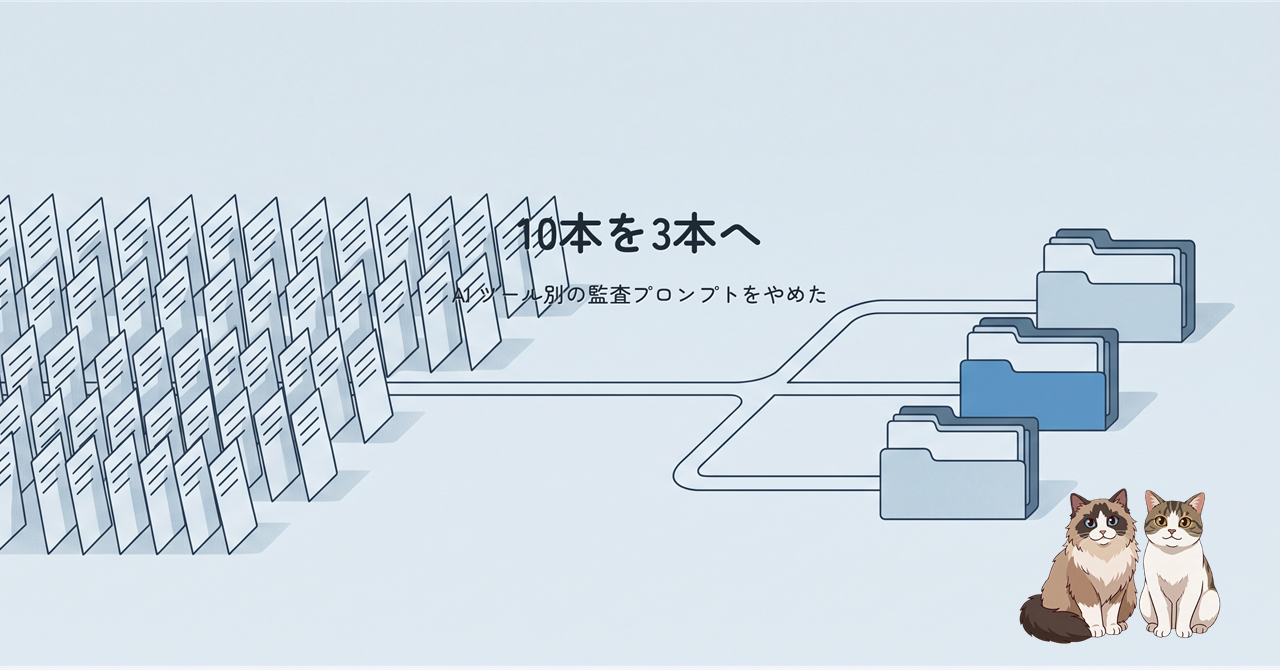 同じ書類が大量に並ぶ塊から、3 つのフォルダへ道が分岐する図
