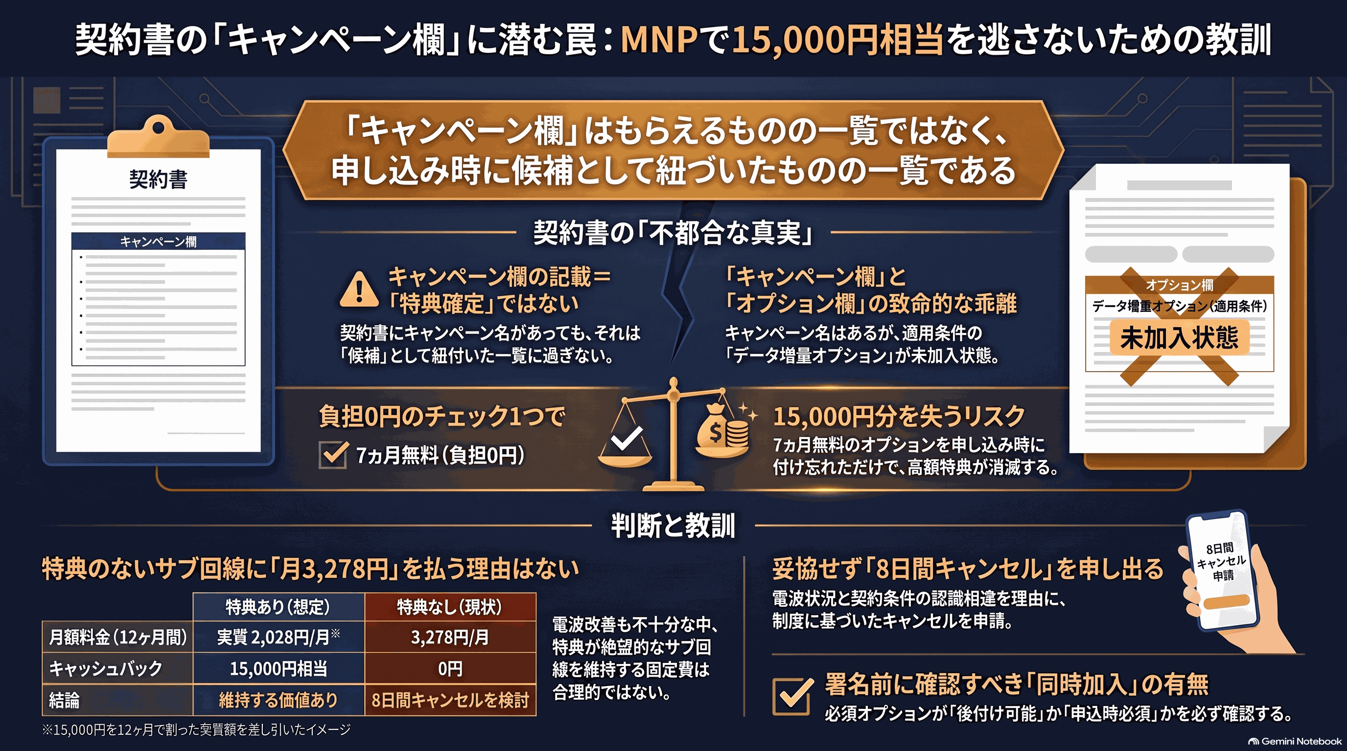 記事全体の要約インフォグラフィック。契約書のキャンペーン欄に潜む罠、負担0円のチェック1つ、月3,278円を払う理由がないという判断