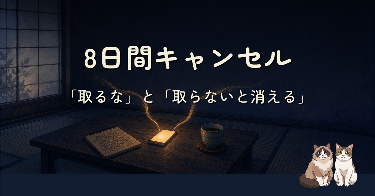 昼の和室。低い机の上にスマートフォンとメモ帳と冷めたお茶。スマホから琥珀色の光が左右へ分かれて伸びている