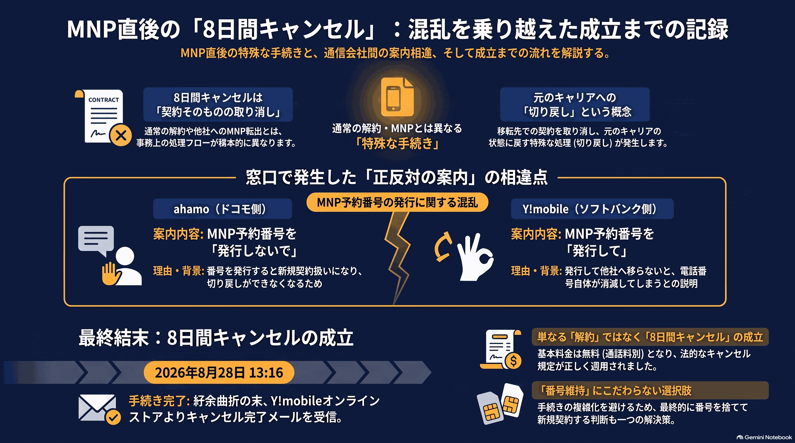 記事全体の要約インフォグラフィック。8日間キャンセルは契約そのものの取り消しであること、窓口で正反対の案内が出たこと、最終的にキャンセルが成立したこと