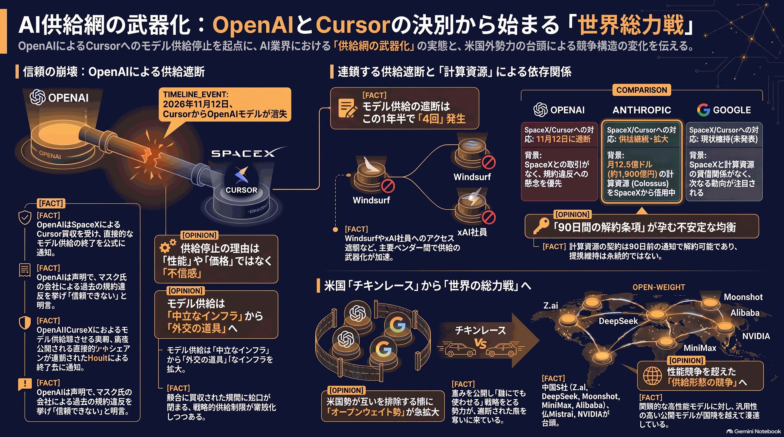 記事の要約インフォグラフィック。OpenAI と Cursor の決別、連鎖する供給遮断と計算資源の依存、米国のチキンレースから世界の総力戦への流れ